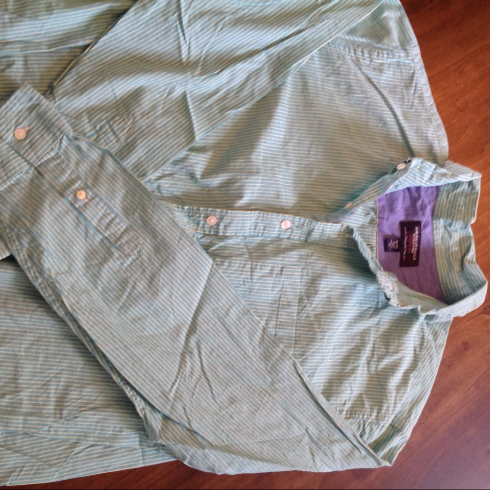 Men's American Eagle green stripe button up shirt